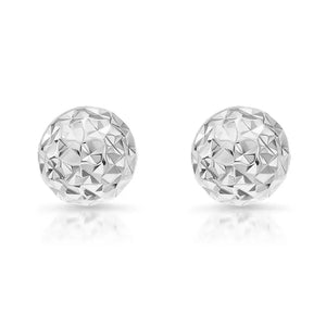 14K White Gold Sparkle Ball Stud Earrings, Hand Engraved Diamond-Cuts