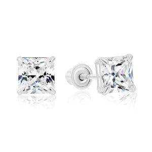 14K White Gold Square Zirconia Stud Earrings, Screwback