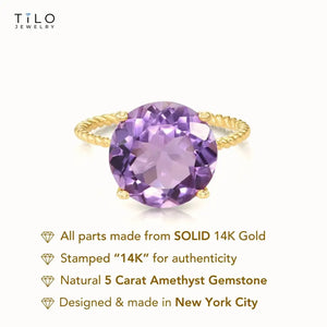 14K Yellow Gold 5 Carat Purple Amethyst Gemstone Ring, "Ms. Luscious"