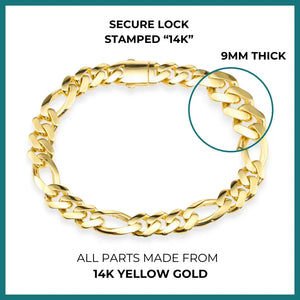 14K Yellow Gold Figaro Link Chain Bracelet, Sizes 7.25In-8.25In
