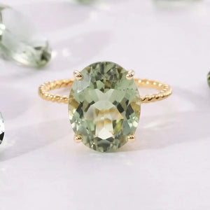14K Yellow Gold Green Amethyst Oval-Cut Ring – Elegant Green Sparkle for Birthdays and Everyday Luxury.