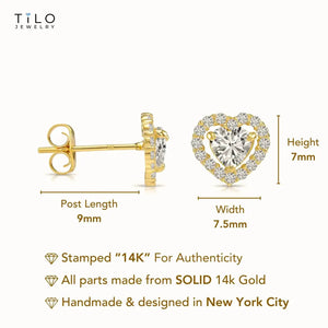 14K Yellow Gold Heart Halo CZ Stud Earrings