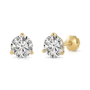 14K Yellow Gold Lab Diamond Stud Earrings, CVD Brilliant-Cut Diamond Studs, Martini 3-Prong Set Studs, with Secure Screwbacks, by TILO