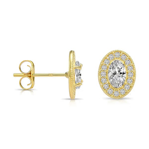 14K Yellow Gold Oval CZ Halo Stud Earrings