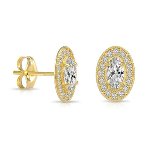 14K Yellow Gold Oval CZ Halo Stud Earrings