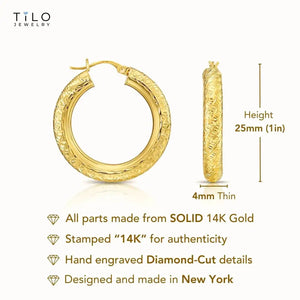 14K Yellow Gold Tornado Hoop Earrings, Bold 4Mm Chunky Gold Hoops, TILO Special Hand Engraved Designer Hoops, 1 Inch Hoops