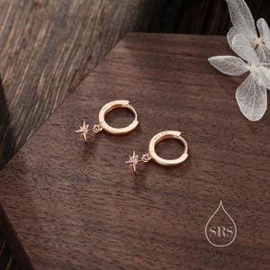 Dazzling 925 Sterling Silver Tiny CZ Starburst Huggie Hoop Earrings in Silver, Gold, or Rose Gold.