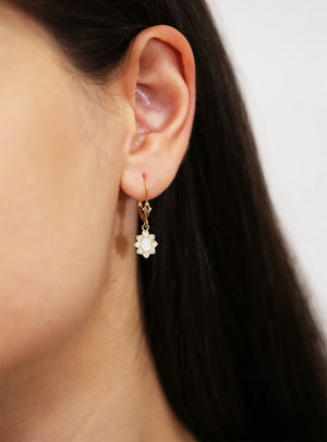 14K Yellow Gold Flower Dangle Earrings with Leverbacks, Diamond April Birthstone, 1 Inch Tall, Fancy Drop Earrings, by TILO Jewelry