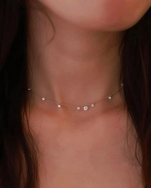 18K Solid Gold Diamond Station Necklace, Dainty Dangling Diamond Necklace, Minimal Drop Necklace, Everyday Wear Fine Jewelry Gift for Women.