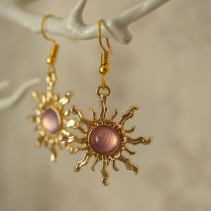 Lilac Sun Earrings, Quirky Pretty Gold and Lilac Acrylic Sun Drop Earrings for Women