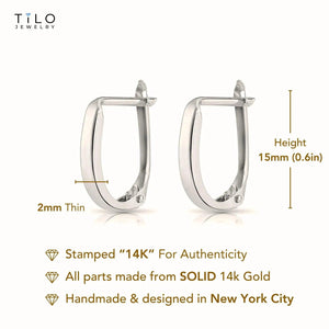 Stunning Handmade 14K White Gold Shiny Oval Huggie Hoop Earrings.