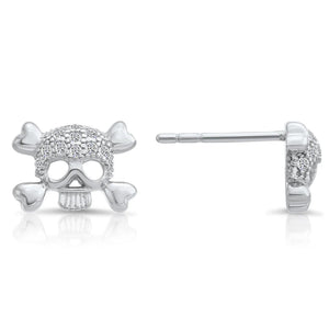 Dazzling CZ Sterling Silver Skull and Bones Stud Earrings.