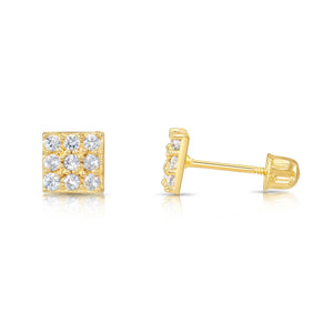 14K Gold Square CZ Stud Earrings, Screwback