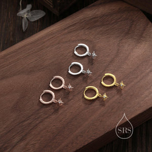 Dazzling 925 Sterling Silver Tiny CZ Starburst Huggie Hoop Earrings in Silver, Gold, or Rose Gold.