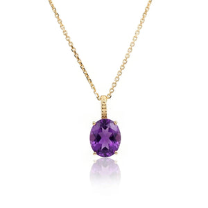 Elegant 14K Yellow Gold Oval Purple Amethyst Pendant Necklace.