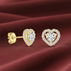 14K Yellow Gold Heart Halo CZ Stud Earrings, with Secure Butterfly Push-Backs, Solid 14K Gold Dainty Heart Studs, by TILO Jewelry