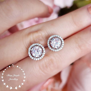 Diamond Stud Earrings, Delicate Halo Diamond Simulant Studs, 14K White Gold and Rose Gold Plated Sterling Silver, Birthday Gift with Box