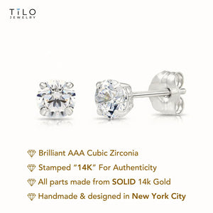 14K White Gold Classic Solitaire Stud Earrings with Pushbacks