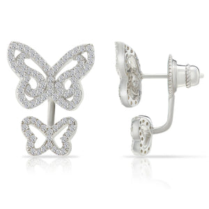 CZ Ear Jacket Double Butterfly Stud Earrings in Sterling Silver