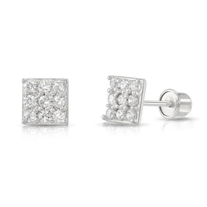 14K Gold Square CZ Stud Earrings, Screwback