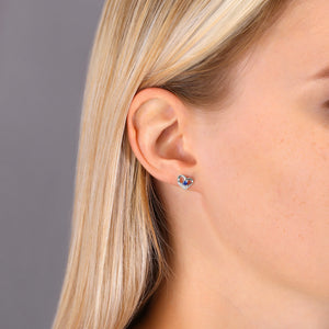 CZ Heart Stud Earrings with Blue Stone in Sterling Silver