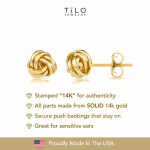 14K Solid Gold Love Knot Stud Earrings - 7mm Polished Design for Love and Unity.