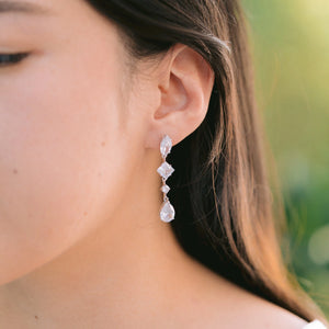 Tear Drop Wedding Jewelry, Square Diamond Dangle Earring, Oval Shape CZ, round Gem Earring, CZ Bride Earring, Silver Bridal Earring, Pear
