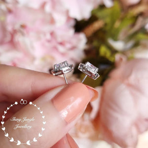 Diamond Stud Earrings, Delicate Halo Diamond Simulant Studs, 14K White Gold and Rose Gold Plated Sterling Silver, Birthday Gift with Box