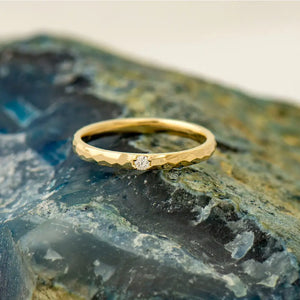 2 Mm Hammered Textured Ring, Single Diamond Ring, 14K / 18K Yellow Gold, Stack Diamond Band, Tiny Diamond Ring, Wedding Band, Promise Ring