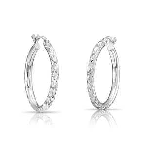Stunning 925 Sterling Silver Hand Engraved Diamond Cut X-Pattern Round Hoop Earrings.