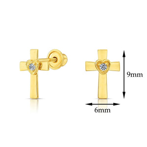 10K Yellow Gold Cross & Heart Stud Earrings with Center Stone