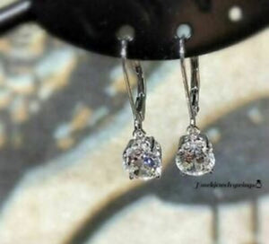 2Ct Moissanite Drop Earrings Leverback Dangle Earrings, Moissanite Dangle Earrings, Diamond Earrings Best Birthday Gift 14K White Gold FN