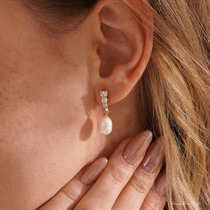 Real Freshwater Pearl Drop Earrings with Diamond, CZ Pearl Stud Earrings, Wedding Earrings, Pearl Bridal Earrings, Bridesmaid Gifts for Her
