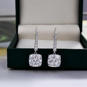 Diamond Drop Charm,Danlgy Diamond Earrings,Cushion Cut Moissanite,14K White Gold Earrings,Diamond Line Dangly,Handmade Fine Jewelry Gift