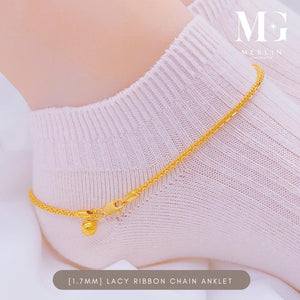 22K 916 Gold (1.7Mm) Lacy Ribbon Chain Anklet with Dangle Bell