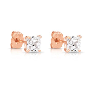 Stunning 14K Rose Gold Princess-Cut CZ Square Stud Earrings - 4mm with Secure Push-Backs.