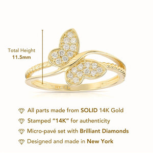 Radiant 14K Yellow Gold Diamond Butterfly Ring - 0.18Ctw Dainty Sparkle for Birthdays & Everyday Elegance.