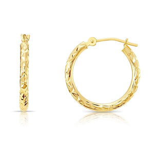 Stunning 14K Yellow Gold Diamond-Cut Hand Engraved "X-Pattern" Round Hoop Earrings - Available in Small, Medium, and Large by TILO Jewelry.