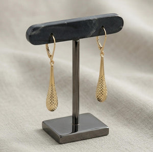 Teardrop Earrings— 14K Yellow Gold Diamond Cut, 1-3/4 Inch Leverback Drop Dangles