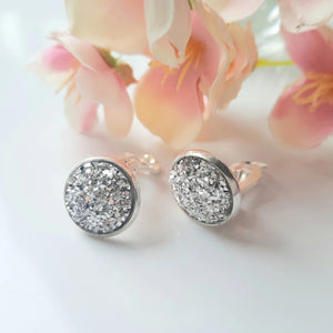 Silver Glitter Clip on Stud Earrings. Stainless Steel 12Mm Studs