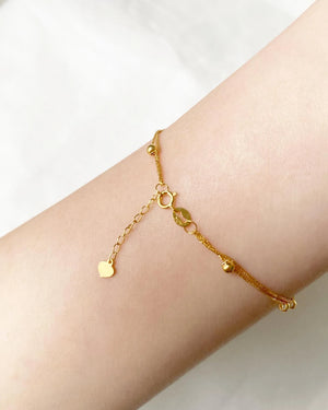 18K Solid Gold Double Strand Beaded Bracelet, Dainty Layered Minimalist Jewelry