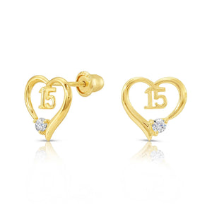 10K Gold 15Th Birthday Heart Stud Earrings