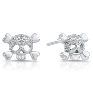 Dazzling CZ Sterling Silver Skull and Bones Stud Earrings.
