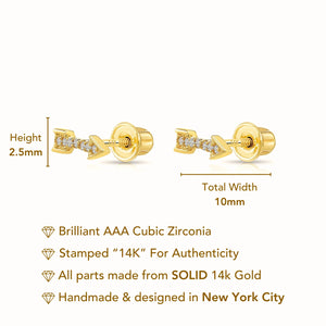 14K Solid Yellow Gold Tiny CZ Arrow Studs, with Screw on Screwbacks