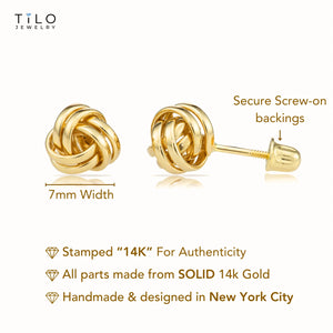 14K Gold Polished Love Knot Stud Earrings with Screwbackings, 7Mm