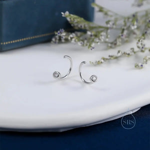 2Mm Diamond CZ Huggie Hoop Earrings in Sterling Silver, Silver, or Gold, Half Hoop, Open Hoop, Pull Through, Dainty Earrings