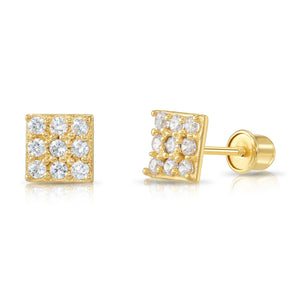14K Gold Square CZ Stud Earrings, Screwback