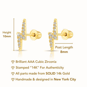 14K Solid Yellow Gold Lightning Bolt Studs, with Screw on Screwbacks