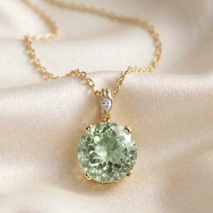 Elegant 14K Yellow Gold Green Amethyst & Diamond Pendant Necklace.
