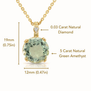 Elegant 14K Yellow Gold Green Amethyst & Diamond Pendant Necklace.